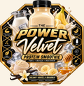 The Power Velvet Protein Smoothie label on a cream background