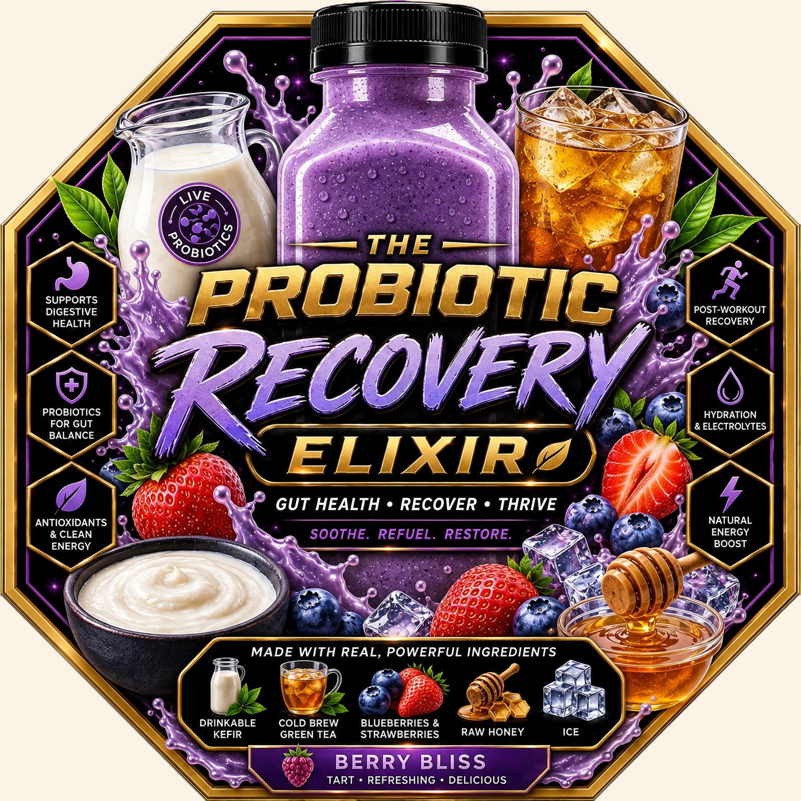 The Probiotic Recovery Elixir label on a cream background