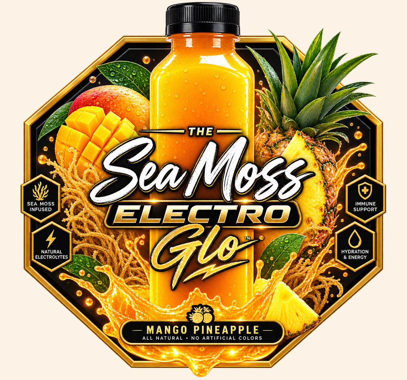 The Sea Moss Electro-Glo label on a cream background
